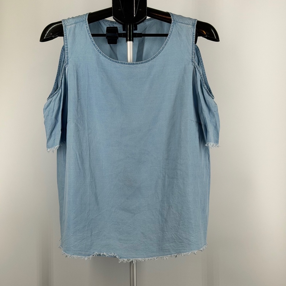 J. Jill Denim Women Blue Tencel Cold Shoulder‎ Frayed Hem Top Medium